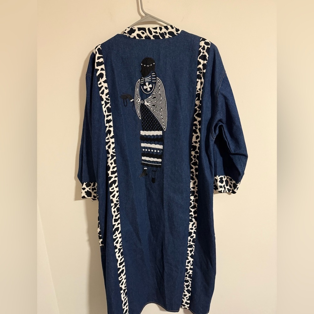 Vintage Molato Embellished beaded Longline Open Cardigan Duster Coat denim Large - Picture 2 of 9